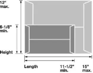 Diagram of a U-shaped structure with dimensions: 12" max height, 6-1/8" min, length 11-1/2" min to 15" max.
