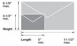 Diagram showing a large and small envelope. The small one is labeled 3-1/2" min height and 5" min length. The large one is labeled 6-1/8" max height and 11-1/2" max length.